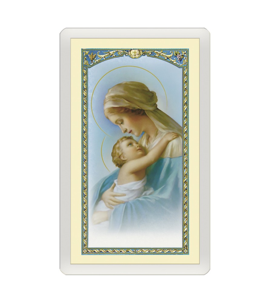 Confezione da 25 pezzi di un  Santino Plastificato Madonna con in braccio il Bambin Gesù con preghiera a colori