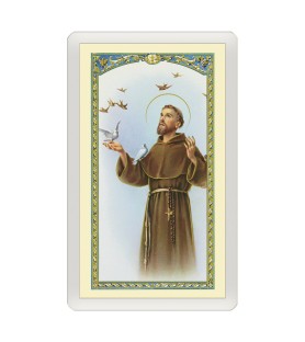 Confezione da 25 pezzi di un  Santino Plastificato San Francesco d'Assisi circondato dagli animali con preghiera a colori