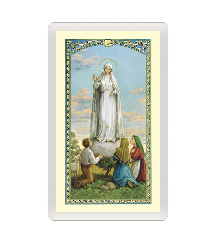 Confezione da 25 pezzi di un  Santino Plastificato Madonna di Fatima con i tre pastorelli con preghiera a colori
