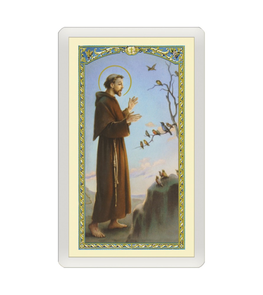 Confezione da 25 pezzi di un Santino Plastificato San Francesco che predica agli uccelli con preghiera a colori Confezione da 25 pezzi di un Santino Plastificato San Francesco che predica agli uccelli con preghiera a colori