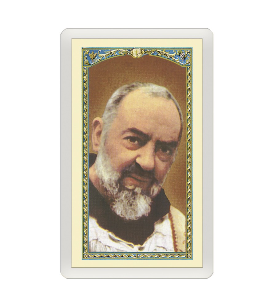 Confezione da 25 pezzi di un  Santino Plastificato Padre Pio con preghiera a colori