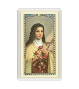 Confezione da 25 pezzi di un  Santino Plastificato Santa Teresa del Bambin Gesù con preghiera a colori