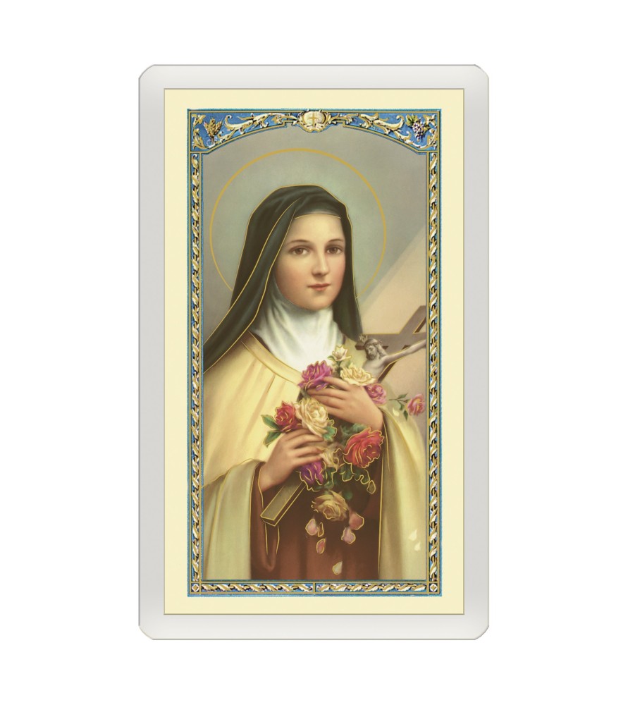 Confezione da 25 pezzi di un  Santino Plastificato Santa Teresa del Bambin Gesù con preghiera a colori