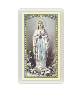 Confezione da 25 pezzi di un  Santino Plastificato Apparizione della Vergine di Lourdes a Bernadette con preghiera a colori
