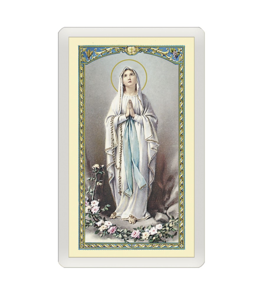 Confezione da 25 pezzi di un Santino Plastificato Apparizione della Vergine di Lourdes a Bernadette con preghiera a colori Confezione da 25 pezzi di un Santino Plastificato Apparizione della Vergine di Lourdes a Bernadette con preghiera a colori