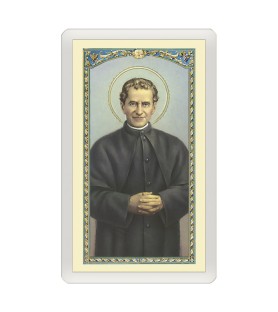 Confezione da 25 pezzi di un  Santino Plastificato San Giovanni Bosco con preghiera a colori