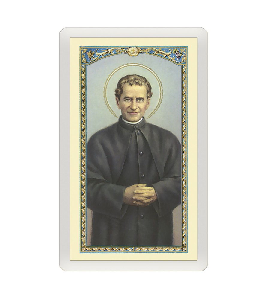 Confezione da 25 pezzi di un  Santino Plastificato San Giovanni Bosco con preghiera a colori