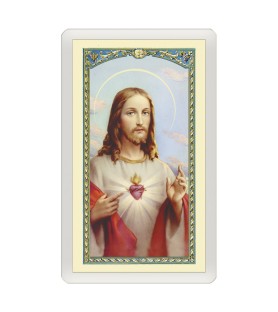 Confezione da 25 pezzi di un  Santino Plastificato Sacro Cuore di Gesù con preghiera a colori