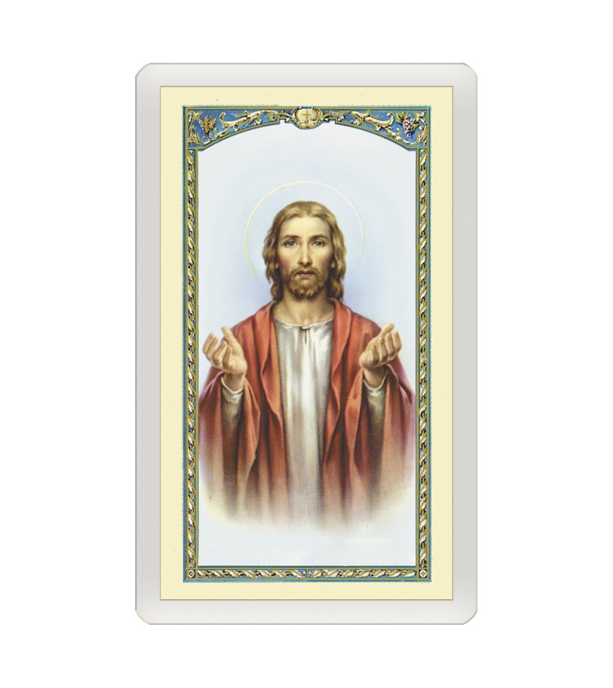 Confezione da 25 pezzi di un Santino Plastificato Sacro Cuore di Gesù con preghiera a colori Confezione da 25 pezzi di un Santino Plastificato Sacro Cuore di Gesù con preghiera a colori