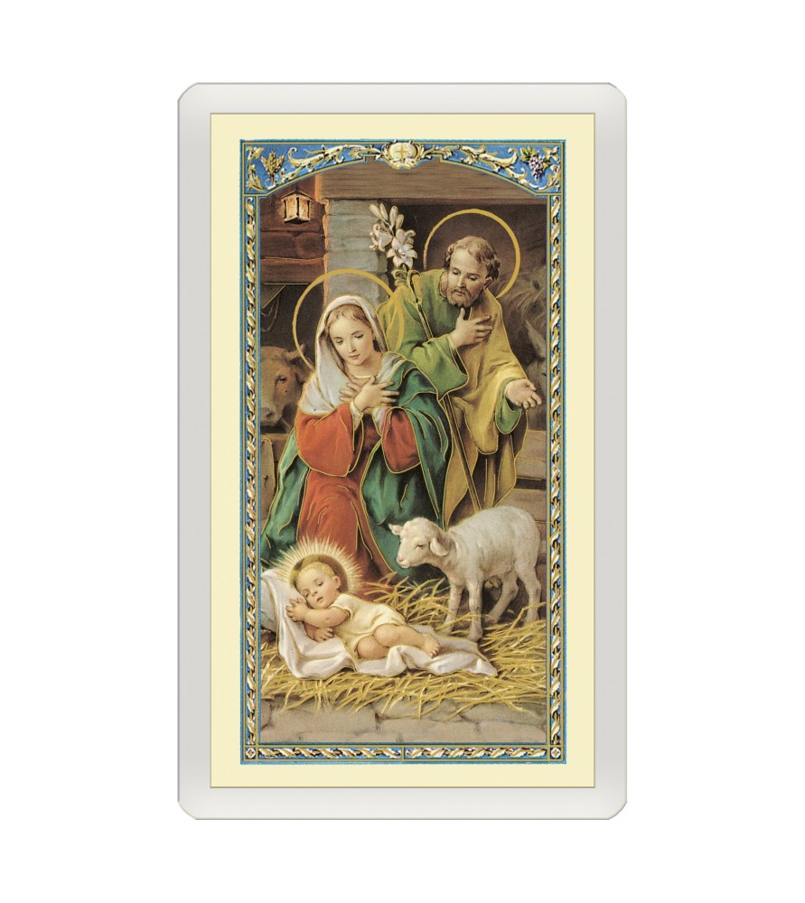 Confezione da 25 pezzi di un Santino Plastificato Natività con preghiera a colori Confezione da 25 pezzi di un Santino Plastificato Natività con preghiera a colori