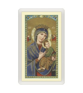 Confezione da 25 pezzi di un  Santino Plastificato Madonna del Perpetuo Soccorso con preghiera a colori