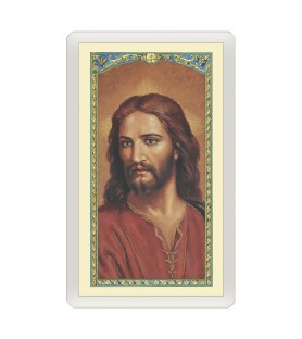 Confezione da 25 pezzi di un  Santino Plastificato volto di Cristo con preghiera a colori