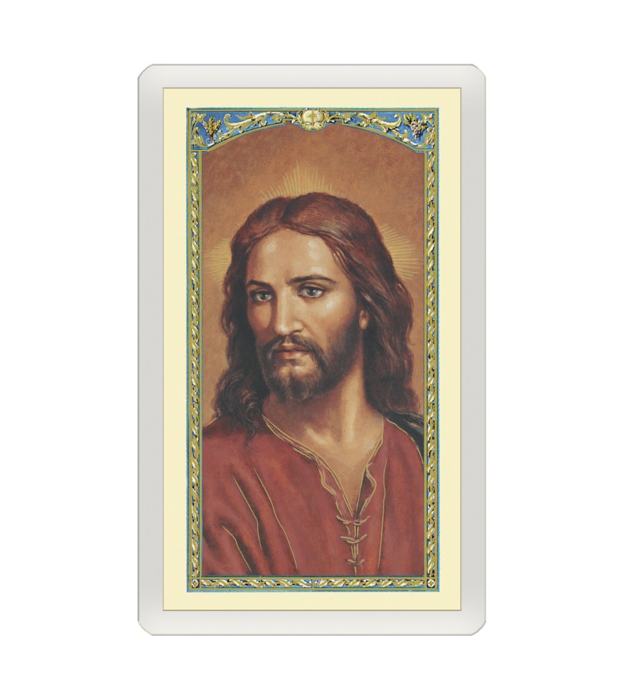 Confezione da 25 pezzi di un  Santino Plastificato volto di Cristo con preghiera a colori