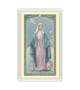 Confezione da 25 pezzi di un  Santino Plastificato Madonna Miracolosa con preghiera a colori