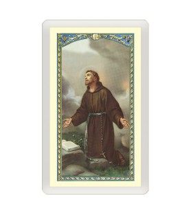 Confezione da 25 pezzi di un  Santino Plastificato San Francesco d'Assisi con preghiera a colori