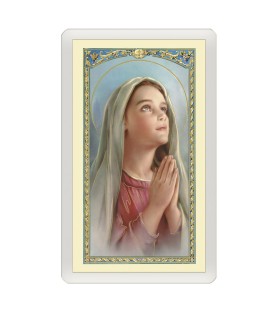 Confezione da 25 pezzi di un  Santino Plastificato Madonnina che prega con preghiera a colori