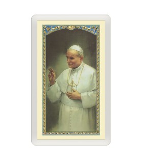 Confezione da 25 pezzi di un  Santino Plastificato Papa Giovanni Paolo II con preghiera a colori