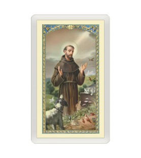 Confezione da 25 pezzi di un  Santino Plastificato San Francesco d'Assisi con il lupo con preghiera a colori