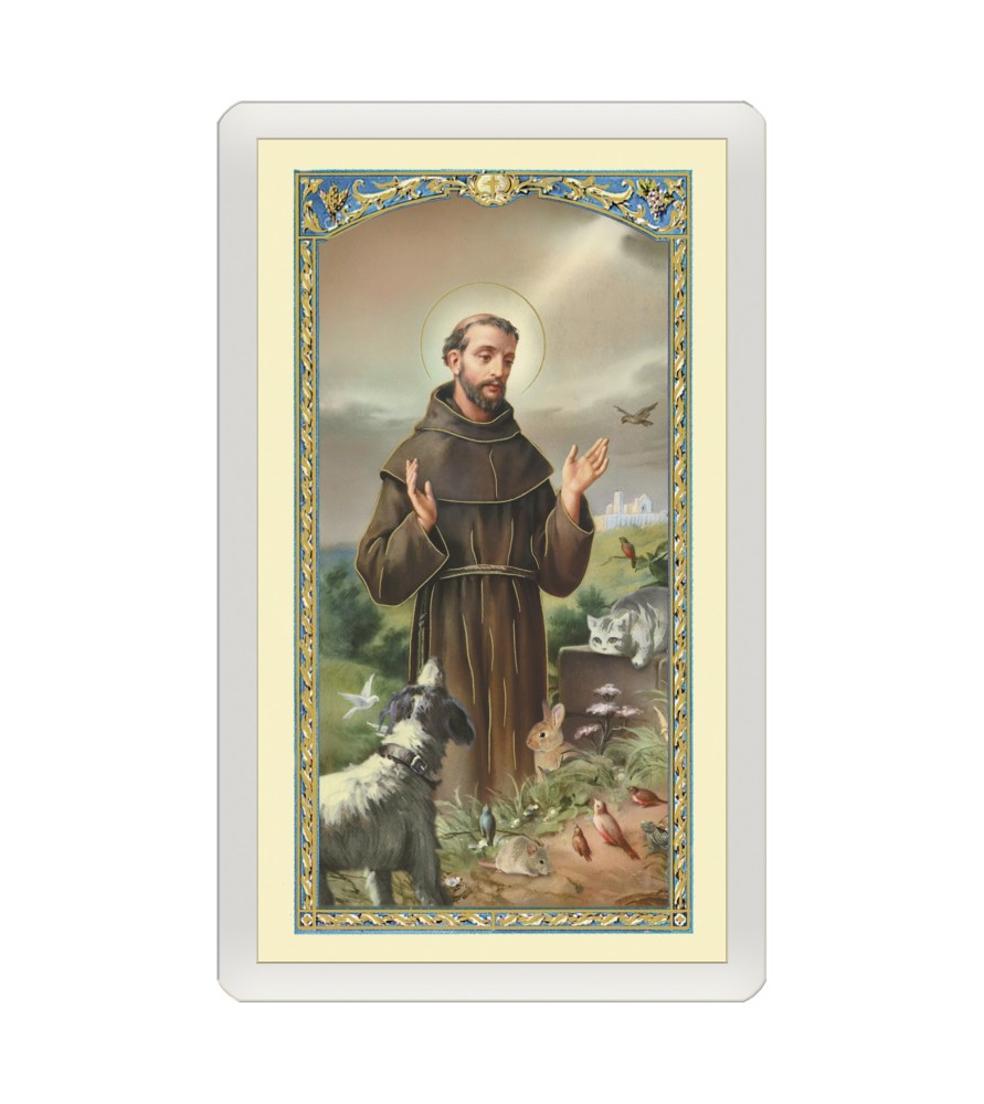 Confezione da 25 pezzi di un Santino Plastificato San Francesco d'Assisi con il lupo con preghiera a colori Confezione da 25 pezzi di un Santino Plastificato San Francesco d'Assisi con il lupo con preghiera a colori