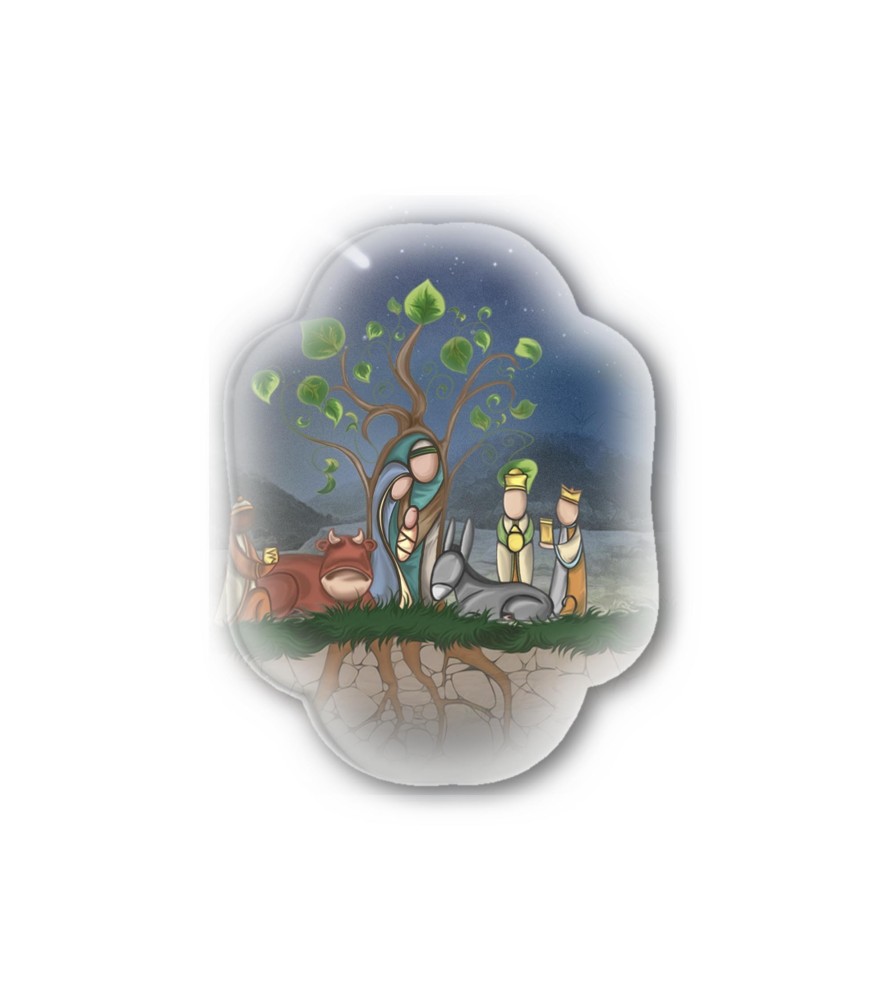 Soprammobile magnetico sagomato in resina porcellanata con presepe e albero della vita