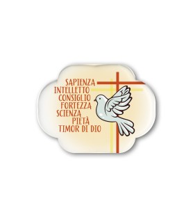Soprammobile magnetico sagomato in resina porcellanata con i simboli eucaristici della Cresima