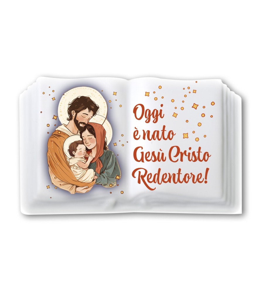 Magnete in resina porcellanata a forma di libro con la Natività