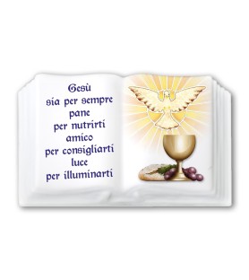 Magnete in resina porcellanata a forma di libro con simboli eucaristici della Prima Comunione e Cresima