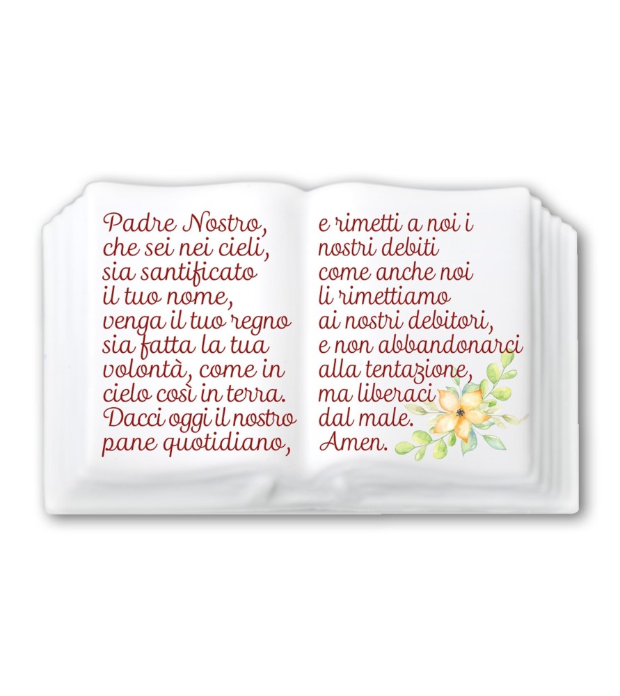 Magnete in resina porcellanata a forma di libro con preghiera del Padre Nostro