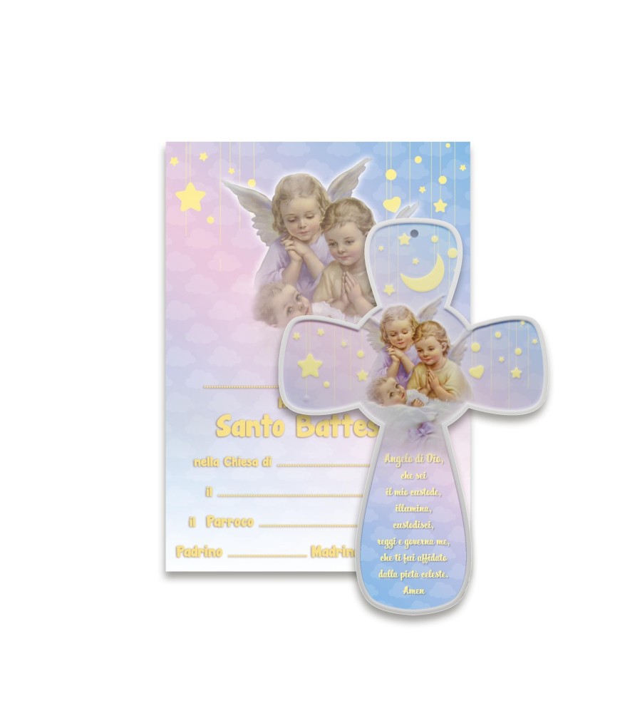 Croce in resina porcellanata di Battesimo con diploma