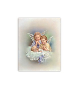 Mini poster con oro a caldo con l'immagine degli angioletti che vegliano il bambino nella culla