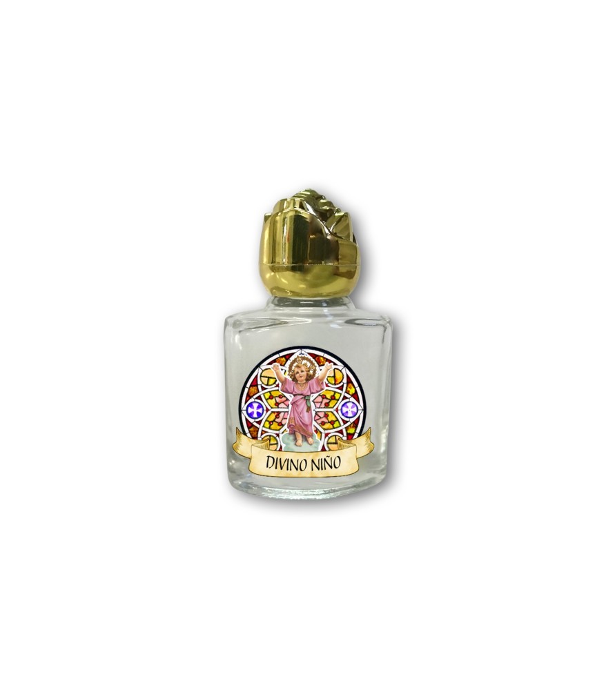 Bottiglietta da 10 ml in vetro con tappo dorato per Acqua Santa Divino Niño Bottiglietta da 10 ml in vetro con tappo dorato per Acqua Santa Divino Niño