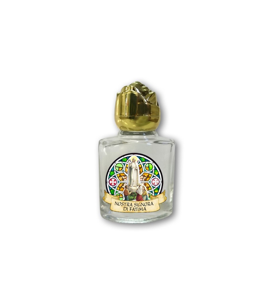 Bottiglietta da 10 ml in vetro con tappo dorato per Acqua Santa Madonna di Fatima con pargoli Bottiglietta da 10 ml in vetro con tappo dorato per Acqua Santa Madonna di Fatima con pargoli