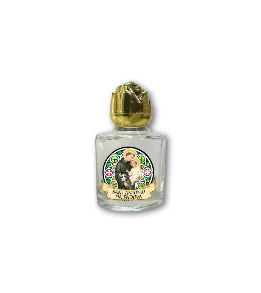 Bottiglietta da 10 ml in vetro con tappo dorato per Acqua Santa Sant'Antonio da Padova Bottiglietta da 10 ml in vetro con tappo dorato per Acqua Santa Sant'Antonio da Padova