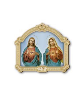 Quadretto del Sacro Cuore di Gesù e del Cuore Immacolato di Maria in cornice barocca