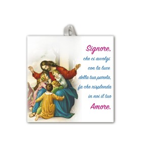 Piastrella di Gesù con pargoli 10 x 10 cm in scatola regalo