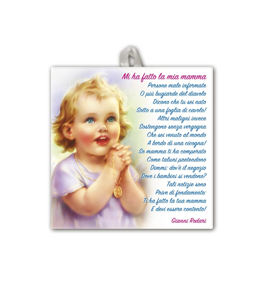 Piastrella di un bambino biondo in preghiera 10 x 10 cm in scatola regalo