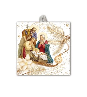 Piastrella della Natività con Pastori 10 x 10 cm con occhiello in raso in Scatola Regalo