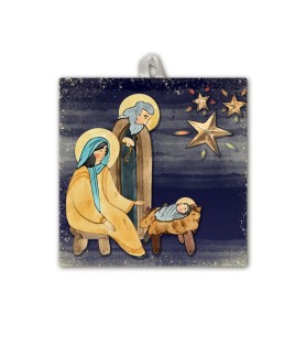 Piastrella Sacra Famiglia 10 x 10 cm con occhiello in raso in scatola regalo