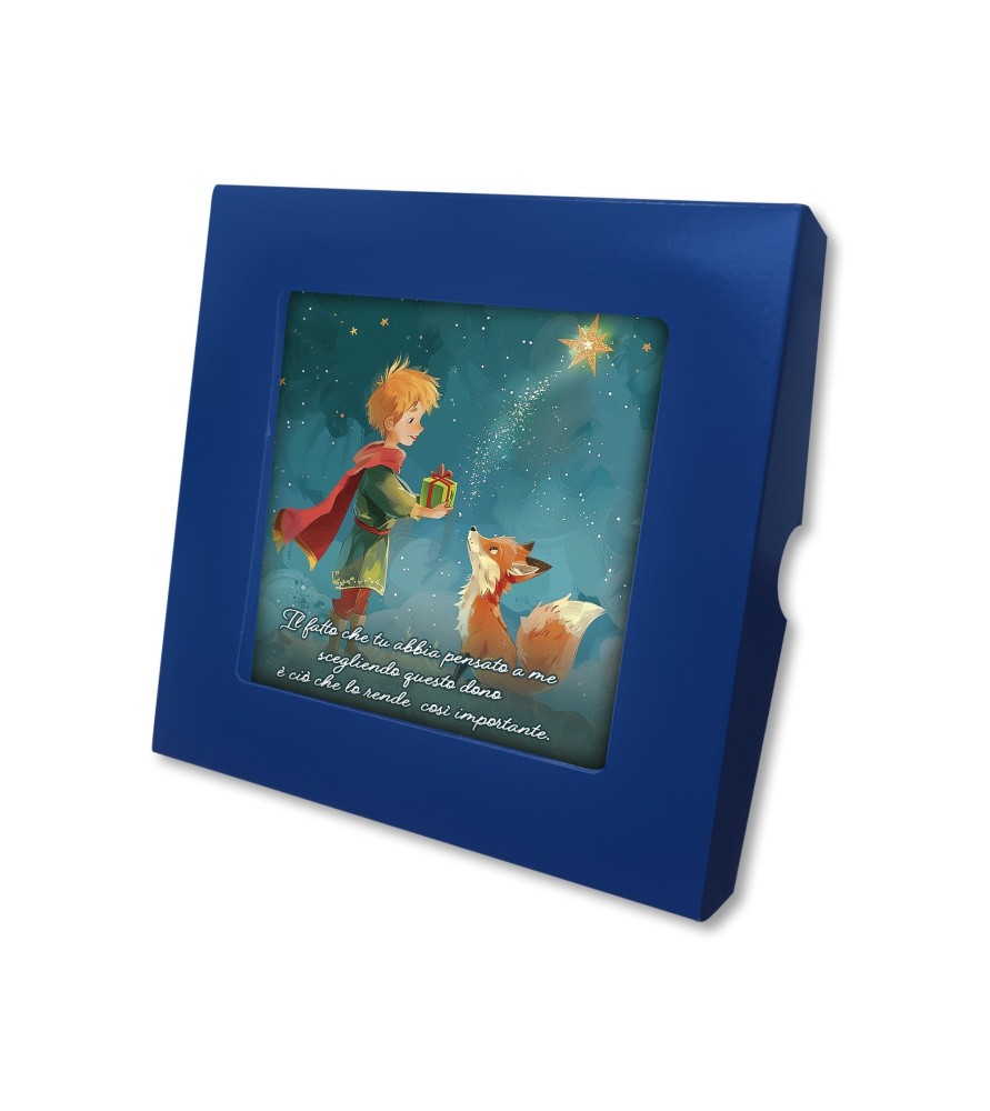 Piastrella 10x10 cm del Piccolo Principe che offre un dono alla volpe con scatola regalo Piastrella 10x10 cm del Piccolo Principe che offre un dono alla volpe con scatola regalo