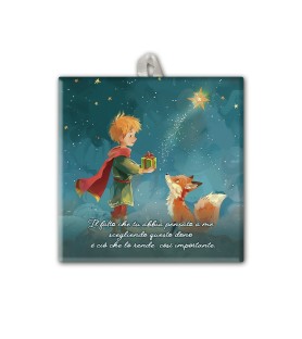 Piastrella 10x10 cm del Piccolo Principe che offre un dono alla volpe con scatola regalo