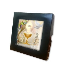 Piastrella con i simboli eucaristici della Prima Comunione e della Cresima 10 x 10 cm in scatola regalo