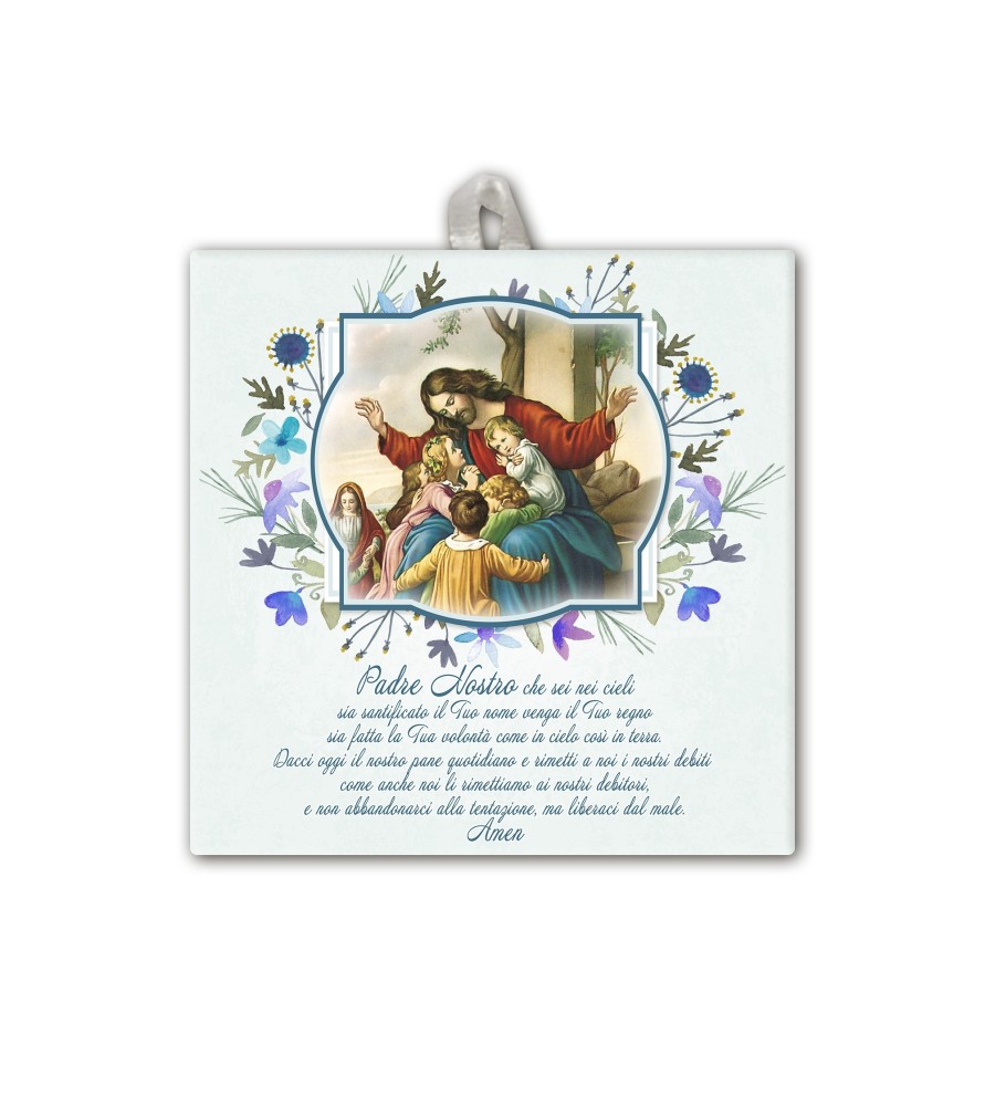 Piastrella di Gesù con i pargoli 10 x 10 cm in scatola regalo