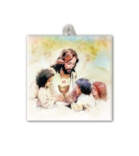 Piastrella con Gesù e pargoli 10 x 10 cm in scatola regalo