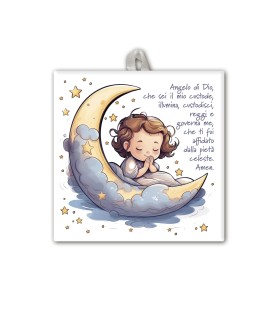 Piastrella con angioletto sulla luna 10 x 10 cm in scatola regalo