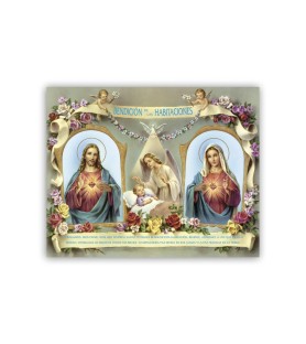 Mini poster con il Sacro Cuore di Gesù e l'Immacolato Cuore di Maria per la Benedizione della cameretta con testo in spagnolo