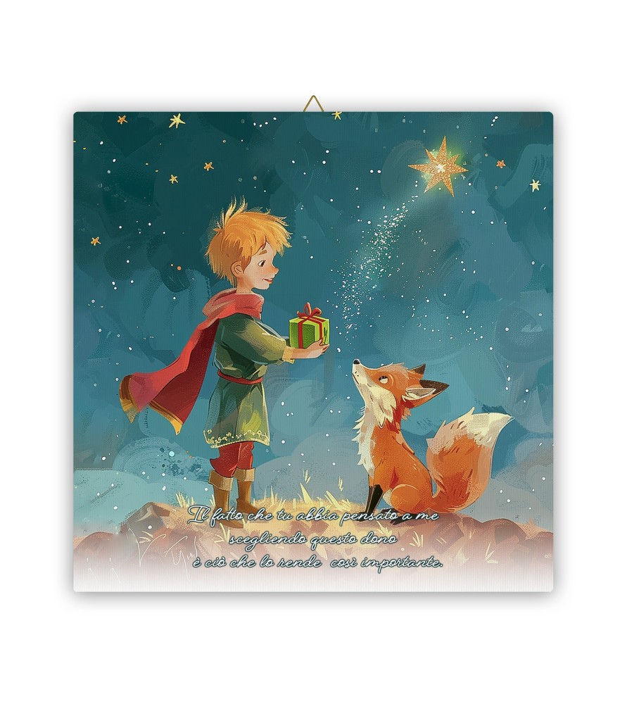 Tela 30x30 cm del Piccolo Principe che offre un dono alla volpe Tela 30x30 cm del Piccolo Principe che offre un dono alla volpe