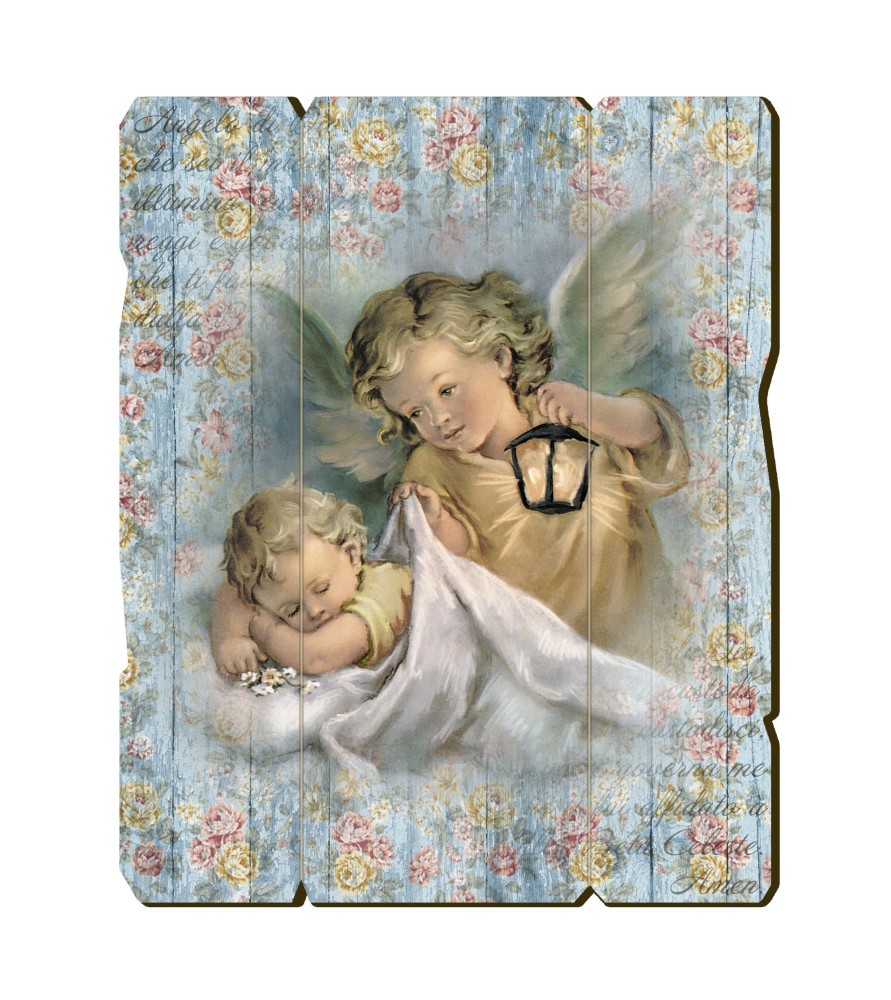Quadro in legno sagomato stile vintage dell'Angelo con lanterna