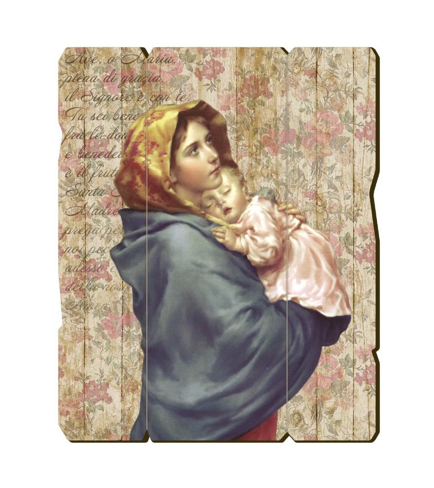 Quadro in legno sagomato stile vintage della Madonna con bambino del Ferruzzi