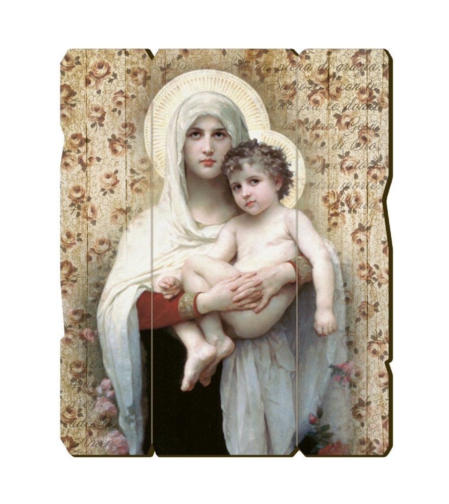 Quadro in legno sagomato stile vintage della Madonna con bambino Quadro in legno sagomato stile vintage della Madonna con bambino