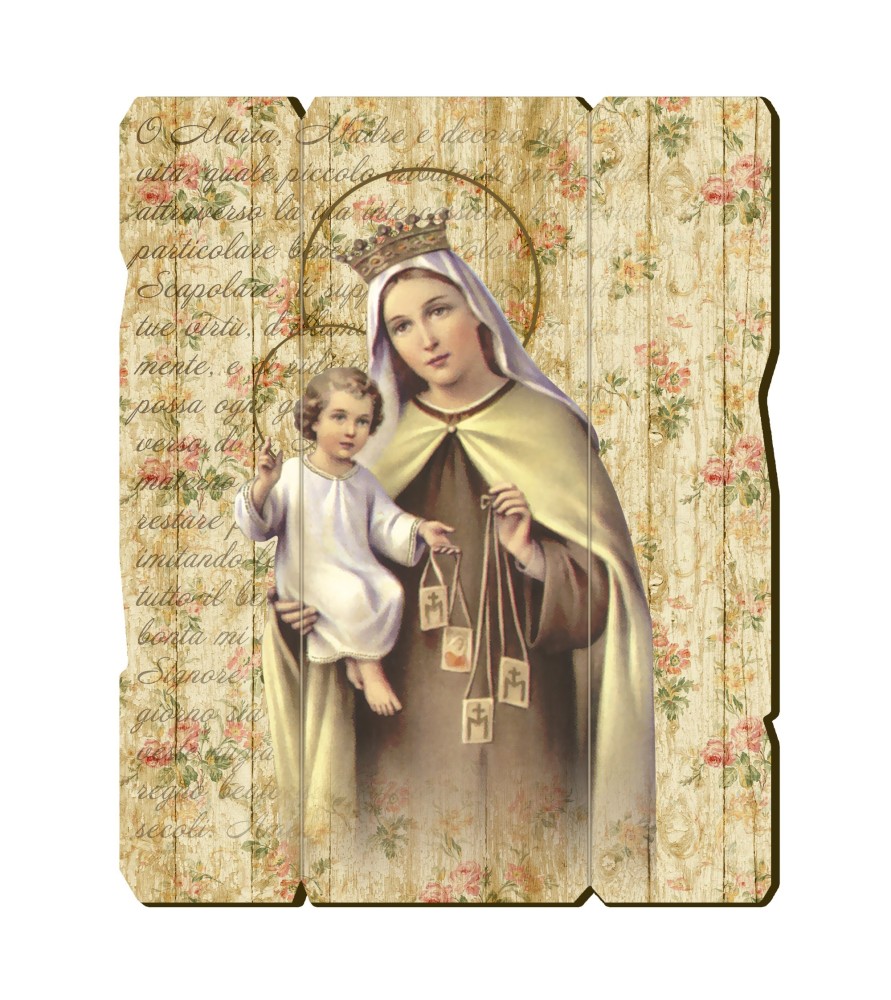 Quadro in legno sagomato stile vintage della Madonna del Carmelo